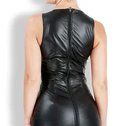 Women Black Matte Faux Leather Dress Stretch PU Sleeveless Mini Dresses Ladies Sexy Slim Dress Back Full Zip Clubwear Custom New