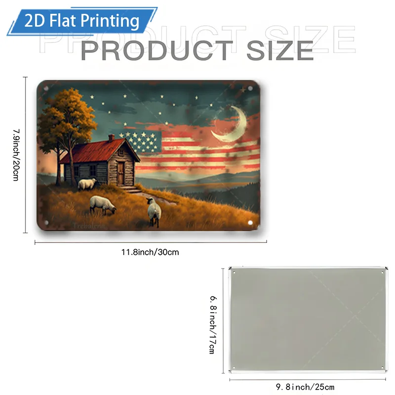 1pc 8x12inch Metal Sign Rustic Farmhouse with Sheep and American Flag Night Scene Metal Sign