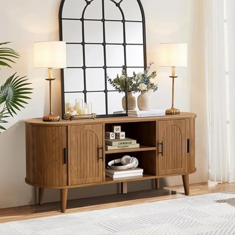 حامل تلفزيون حديث 60 من منتصف القرن مع أبواب وأدراج مخددة، وحدة تحكم وسائط منحنية لمركز الترفيه الأنيق