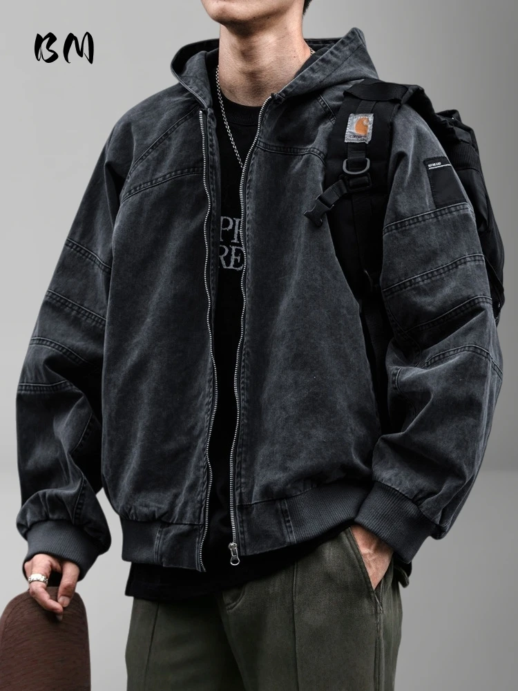 

Мужская сверхпрочная рабочая одежда, куртка из 100% хлопка, кислотная стираная уличная одежда с деконструированными лацканами, повседневное мужское пальто большого размера с принтом спрея