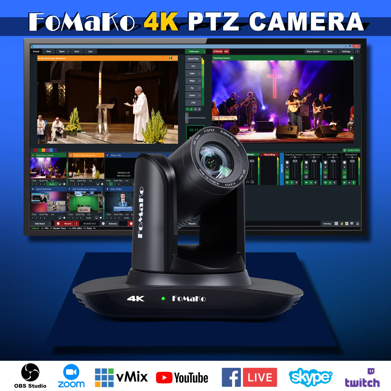 4K PTZ Camera 4K 20X Optical Zoom, USB3.0 LAN HD MI PTZ Camera 4K For Church Worship Education Conference Events, K20UH