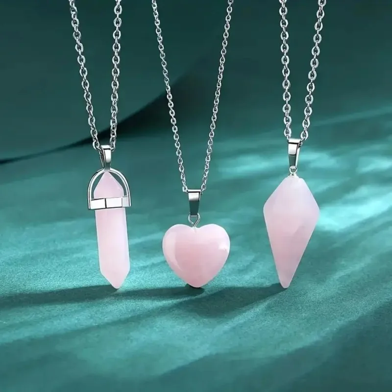 3pcs Rose Quartz Necklace Pendants Set for Spiritual Energy Witchcraft Reiki Healing Jewelry Gift for Birthday Holiday