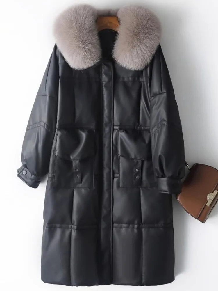 Winter Women Genuine Leather Down Coat Luxury Fashion Fox Fur Collar Warm Long Jacket Casual Windbreakers Overcoat 6XL 7XL 8XL