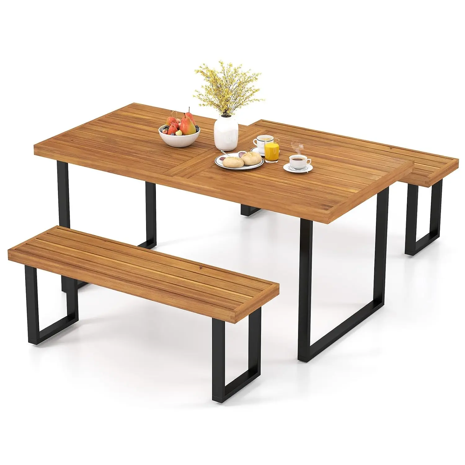 3 Pieces Patio Dining Table Set, 63” Rectangle Acacia Wood Table with Umbrella Hole and 2 Backless Bench with Metal, Customized