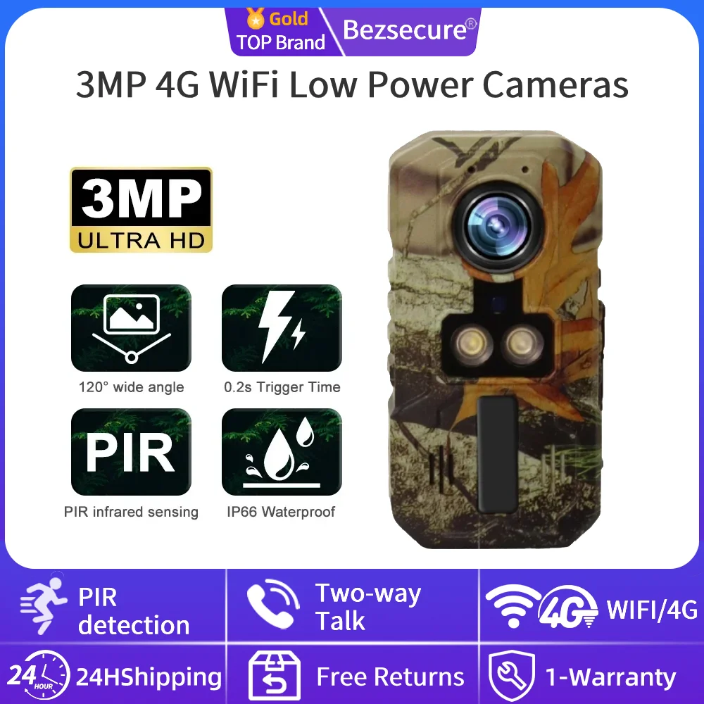 

3MP 4G WiFi Cameras Low Power Outdoor Security Cam PIR Human Body Sensing Two Way Audio 940Nm IR Camera Built-In 3000Mah Battery