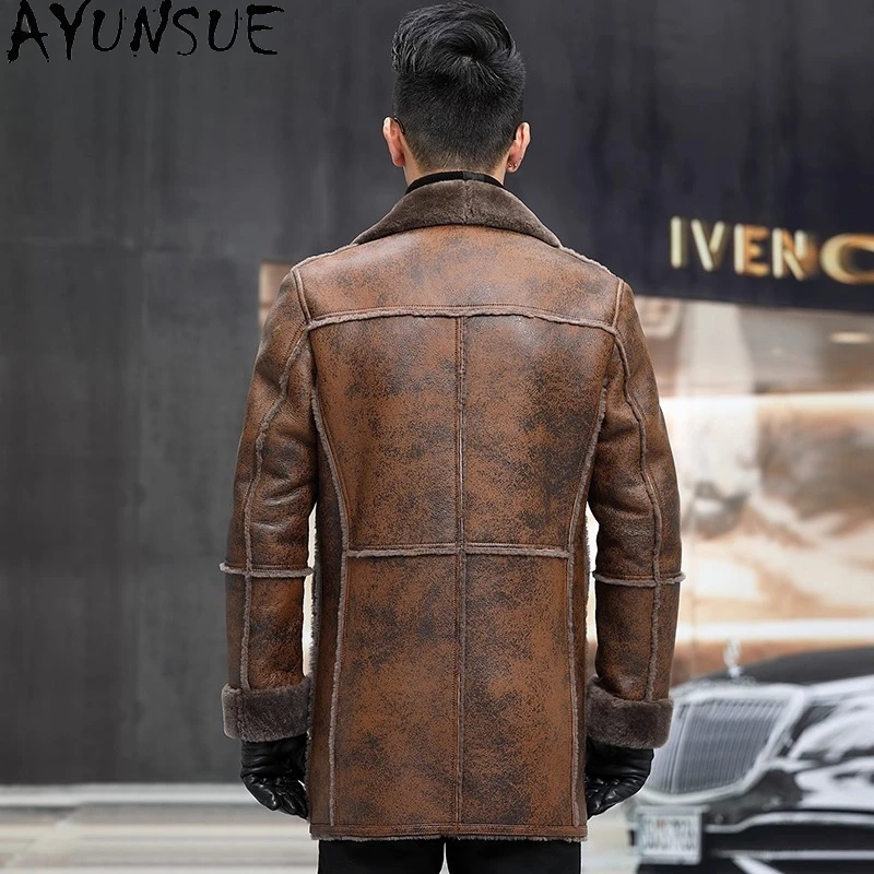 AYUNSUE Natural Fur Coat Men Luxury 2025 Winter Mid-length Real Sheep Shearling Jacket Warm Genuine Leather Jackets Man Abrigo