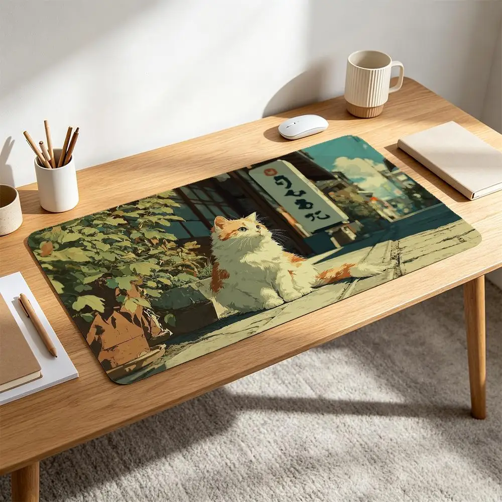 Warm Retro Anime Art Fluffy Orange Cat Sitting on Traditional Japanese Street Town Blue Sky Desk Mat tapis de souris