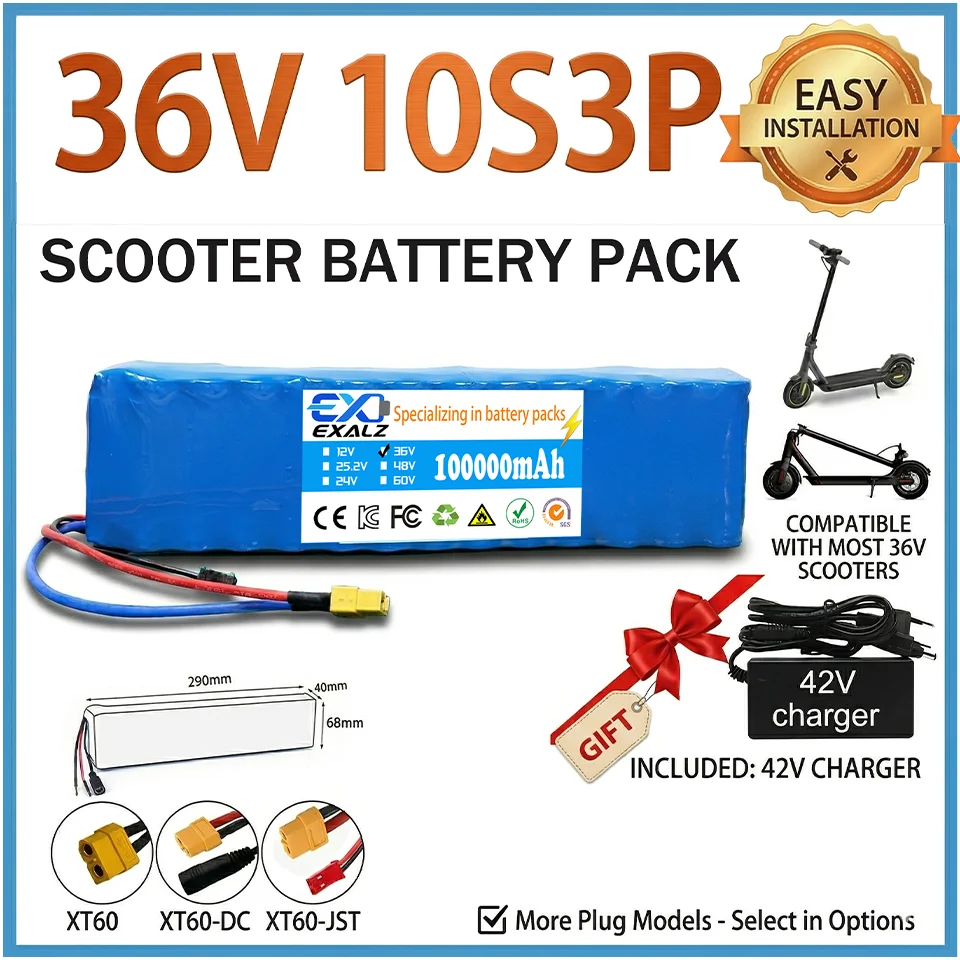 

36V Electric Scooter Battery 10S3P 100000mAh 18650 Li-ion Rechargeable Pack High Value Replacement 500W BMS XT60 + 42V Charger