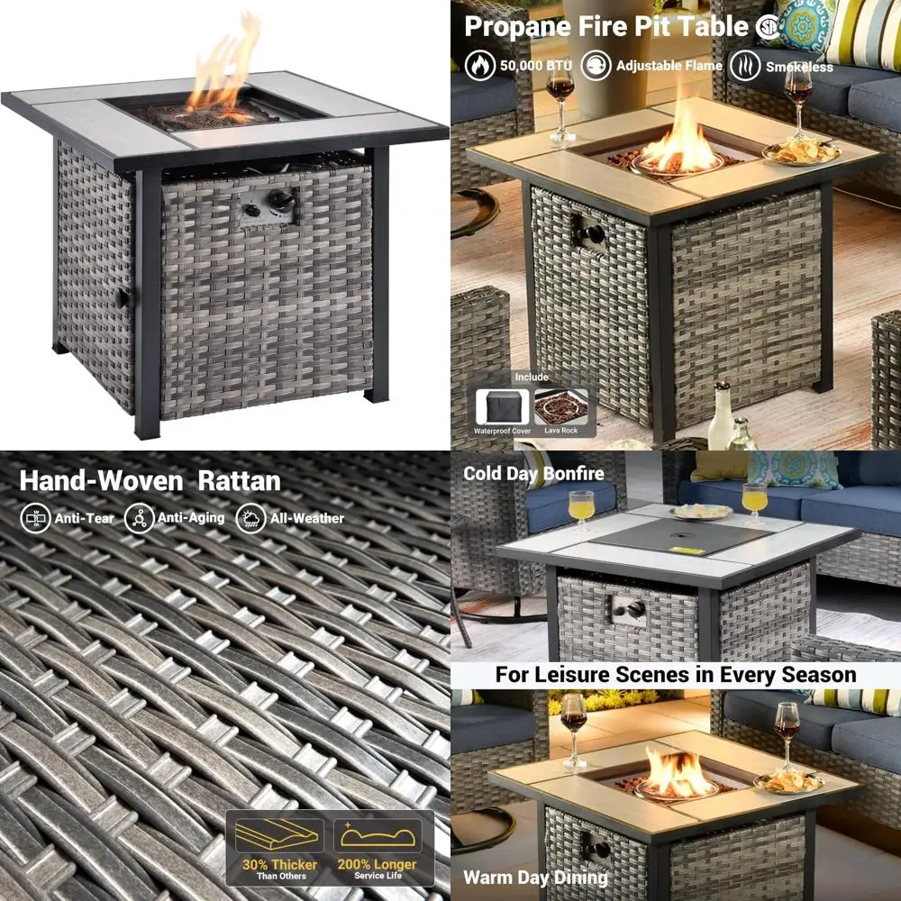 

OVIOS 30-дюймовый уличный стол для костра с пропаном емкостью 50 000 БТЕ, стальной крышкой, лавовыми камнями, водонепроницаемым чехлом и плетеными столами