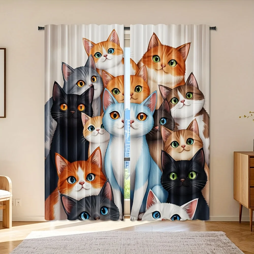 Cute Cat Family Curtain, Colorful Kitten Group Print Drape, Funny Animal Window Treatment for Kids Room Living Room Home