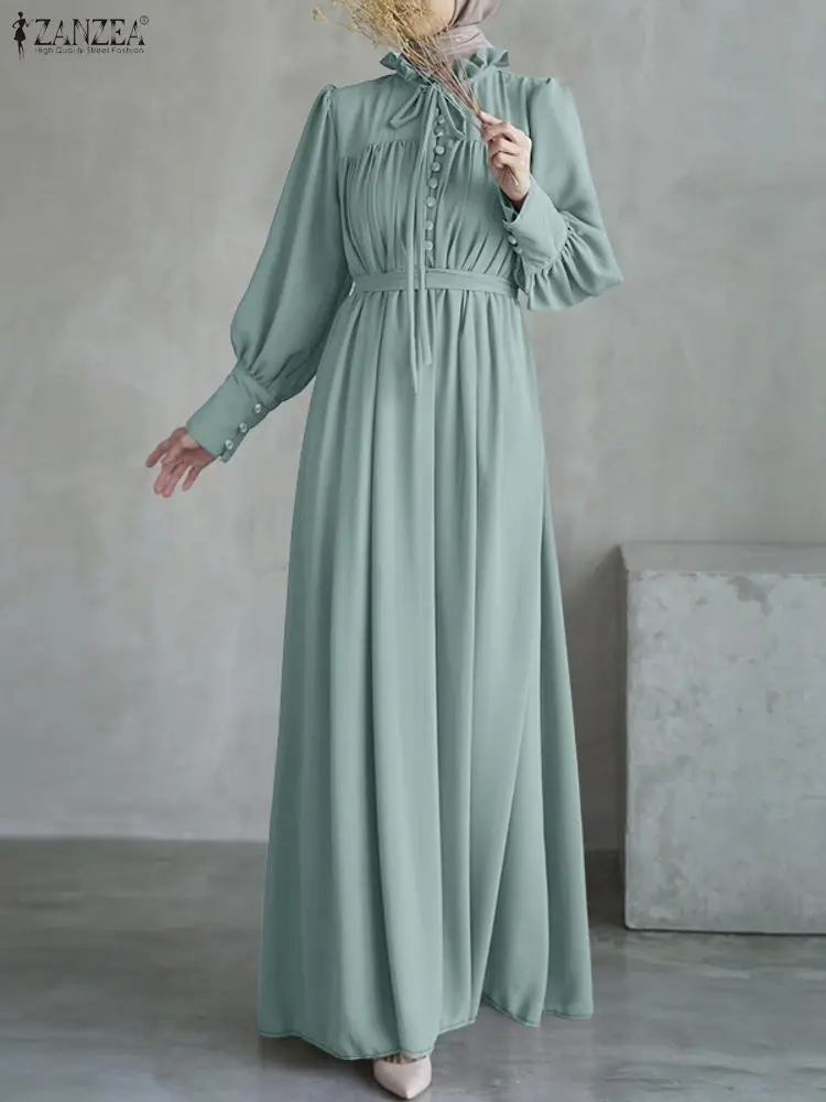 ชุดเดรสยาวมุสลิม ZANZEA สำหรับผู้หญิง สไตล์เรียบร้อย หรูหรา คอระบาย ผูกเอว แขนยาว ไซส์ S-3XL