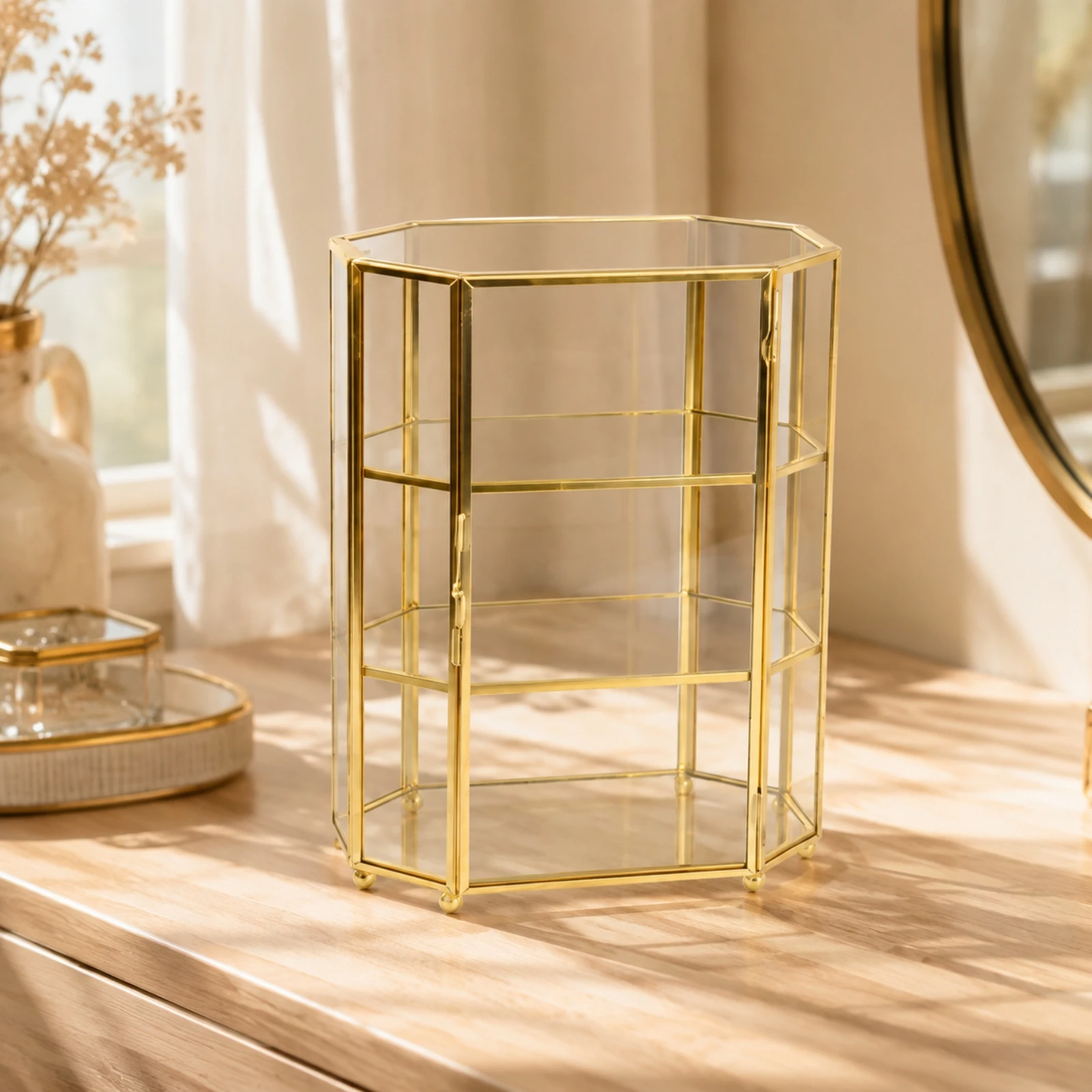 Glass Jewelry Display Case Compact Polygonal Glass Jewelry Box for Dressing Table, Vanity