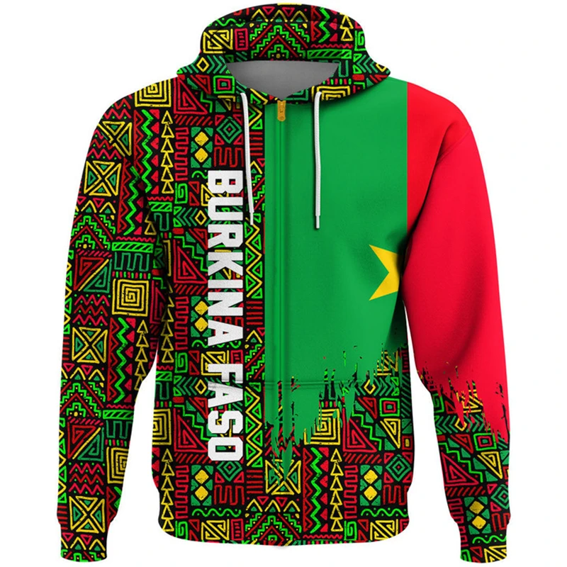 Burkina Faso Flag Map Graphic Sweatshirts BF National Emblem Zip Up Hoodie For Men Clothes Casual Daily Sportwear Boys Pullovers