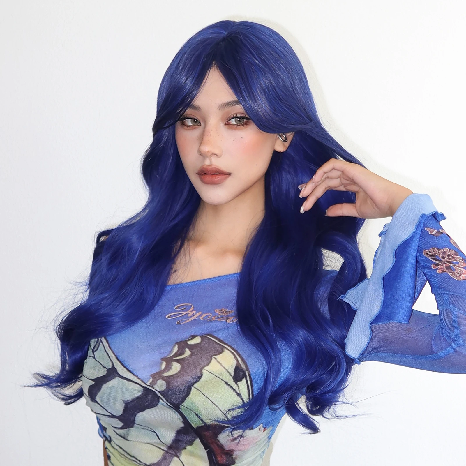 Deep Blue Long Curly Wavy Synthetic Wigs with Bangs for Women Blue Colorful Halloween Cosplay Wigs Natural Hair Heat Resistant