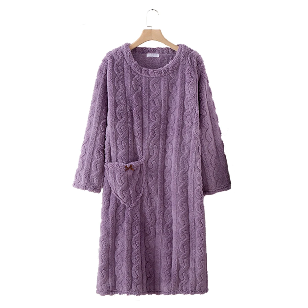 

Winter Thickened Jacquard Fleece Cotton Flannel Nightgown Crew Neck Long Sleeve Nightdress Plush Warm Sleeping Dress Nightwear