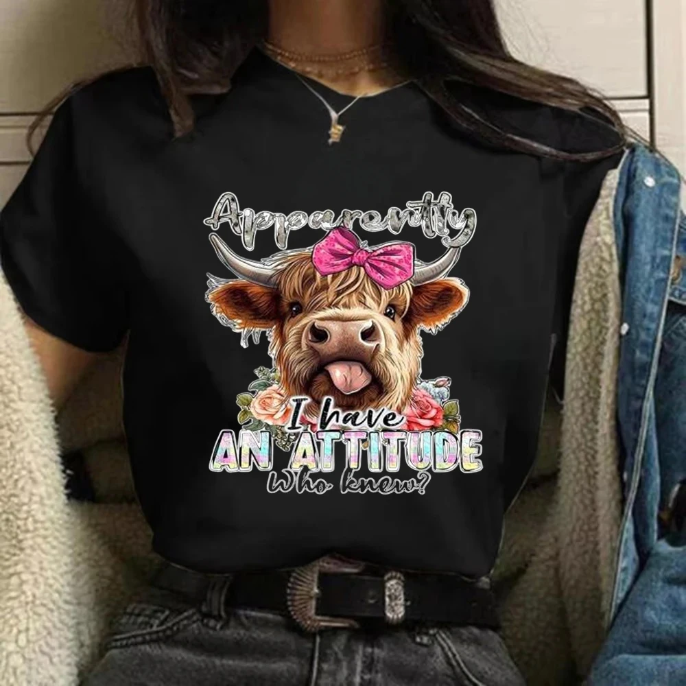Cute Highland Cow with Sunglasses and Bow Print T Shirt Women Casual Crewneck Short Sleeve Tees for Farm Animal Lovers