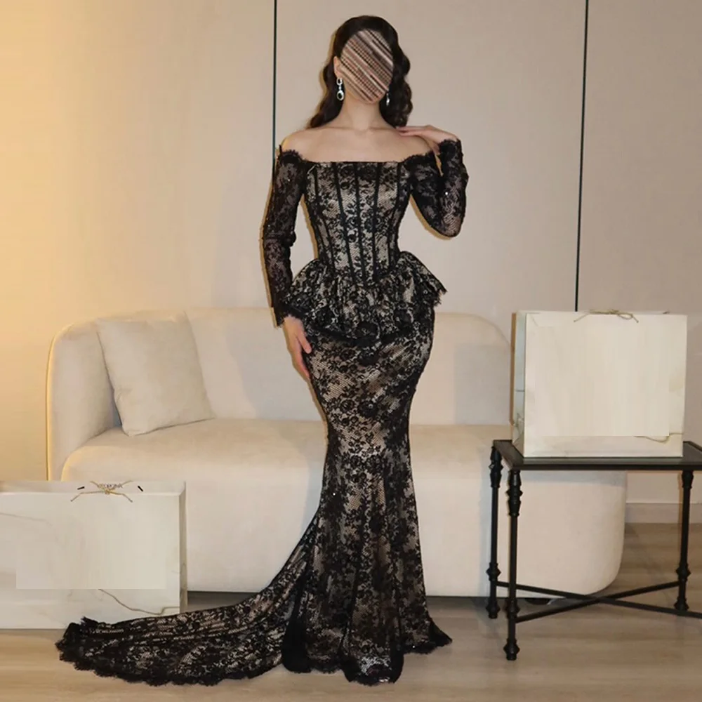 

Modern Off the Shoulder Long Sleeves Evening Dress Customized High Quality Lace Mermaid Party Dress Zipper Back Prom Dress