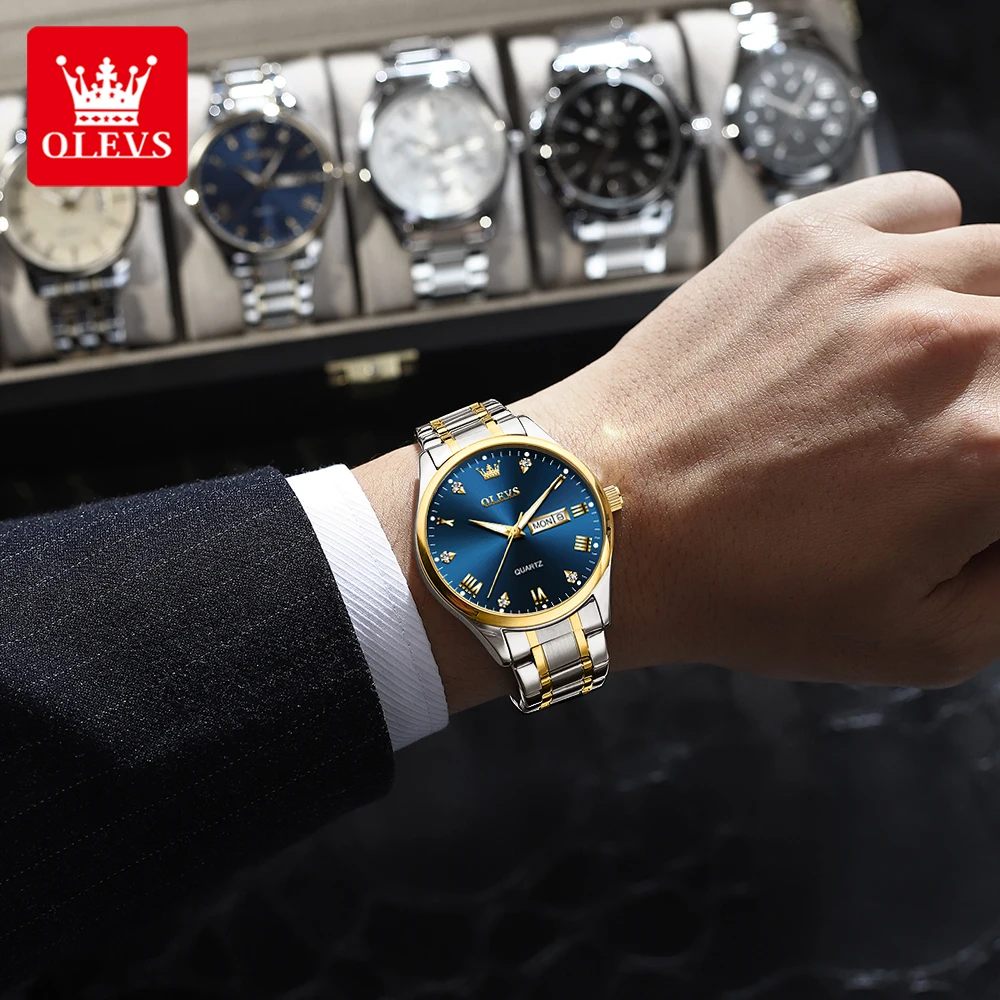 OLEVS 5563 Original Man Watch Stainless Steel Waterproof Dual Calendar Classic Business Diamond Scale Men's Quartz Wristwatches
