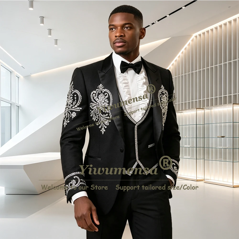 Luxury Men's Suit Formal Wear Sparkly Crystals Beading Jacket Vest Pants 3 Pieces Groom Wedding Tuxedo Customized Man Clothing