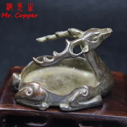 Antique Copper Sika Deer Figurine Animal Desktop Ornament Small Tray for Washing Writing-brush Chinese Traditional Crafts Decors