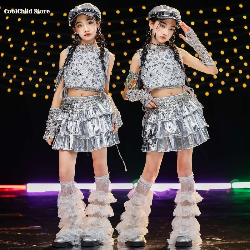 Hip Hop Girls Sequin Shiny Hoodies Silver Pleated Skirt Kids K-pop Crop Top Jazz Clothes Set Child Girl Group Streetwear Costume
