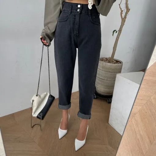 High Waist Slimming Effect Double Button Korean Style Jeans Loose Fit Straight Leg Long Pants Standard Body All Season Casual