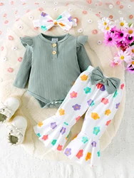 3PCS Autumn new style 0-1 year old girl baby treasure simple and fashionable round collar green suit + printed pants set