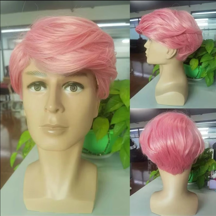 

Synthetic Short Pink Straight Wigs With side Bangs For Men Male Cosplay Costume Anime Daily Fake Hair Heat Resistant