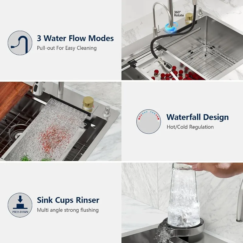 Logmey 33 Drop In Waterfall Kitchen Sink 33x22 Inch 16 Gauge Stainless Steel Single Bowl Workstation Kitchen Sinks