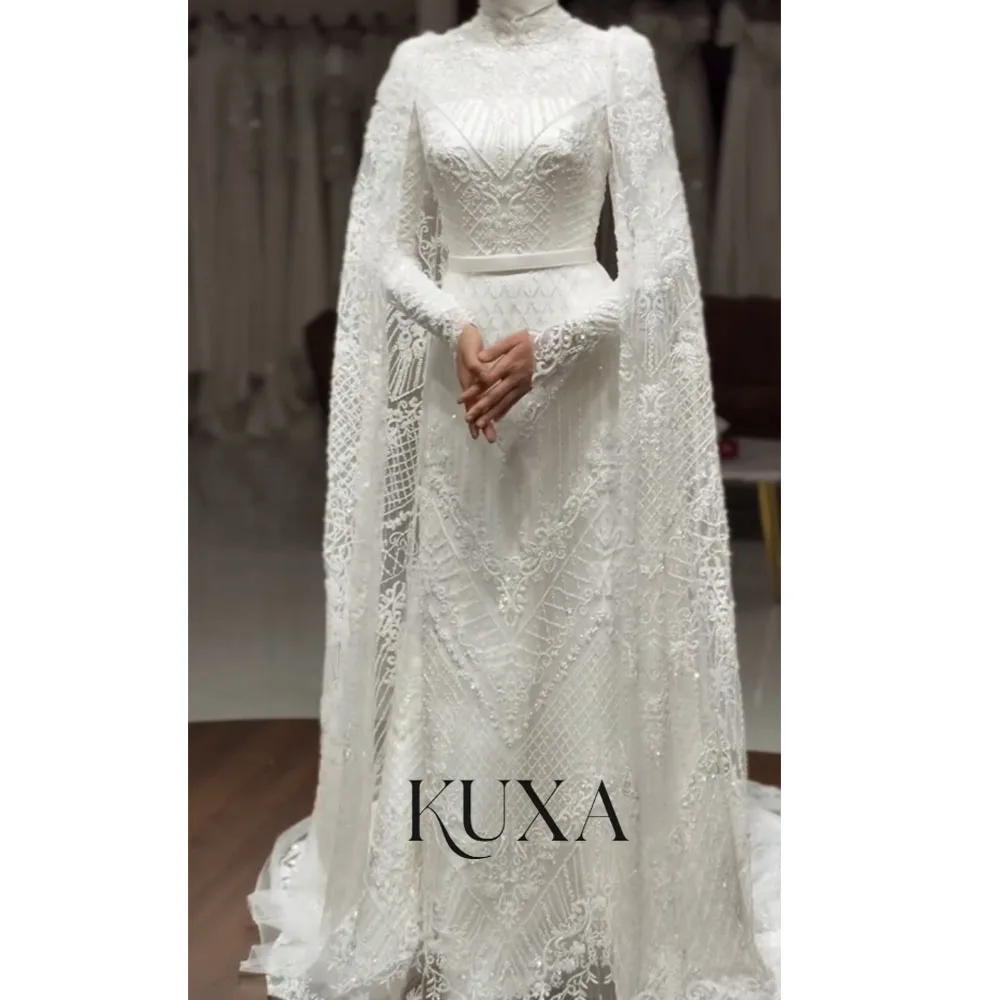 KUXA Maßgeschneiderte Luxuriöse Elegante Muslimische Hochzeitskleider A-Linie Bodenlang Perlenbesetzt Lange Ärmel Brautkleider Robe De Mariée 2026