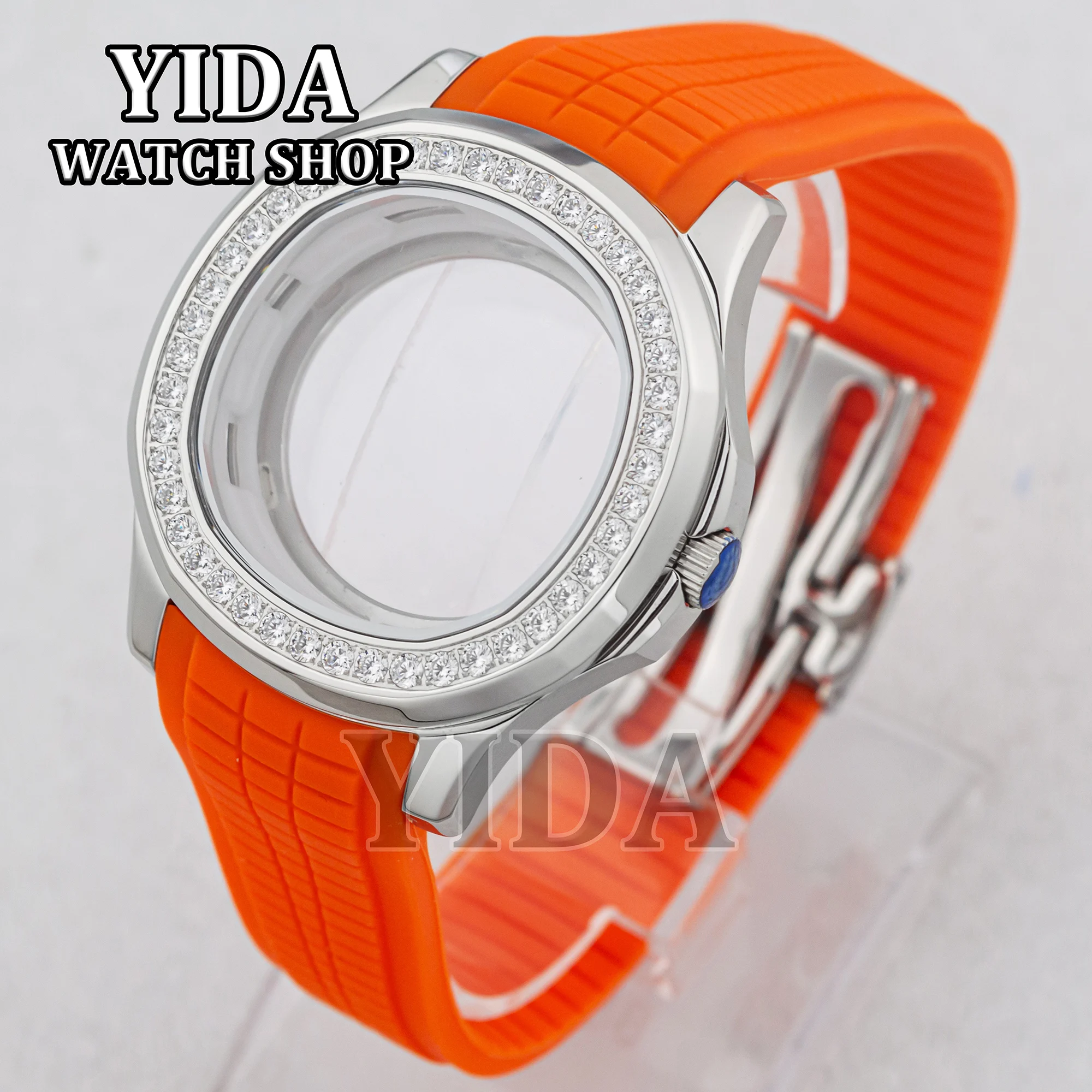 42MM  Diamond NH35 Case Rubber Strap Sapphire Glass 10ATM Waterproof Stainless Steel Mod for AQUANAUT Nautilus NH36 Movement