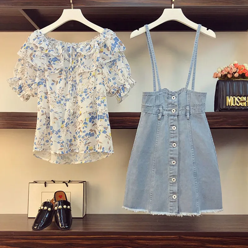 Large 2024Summer New Slim Fashion Chiffon Shirt Denim Suspender Dress Fat Sister Foreign Style Two-piece Women\'s Suit