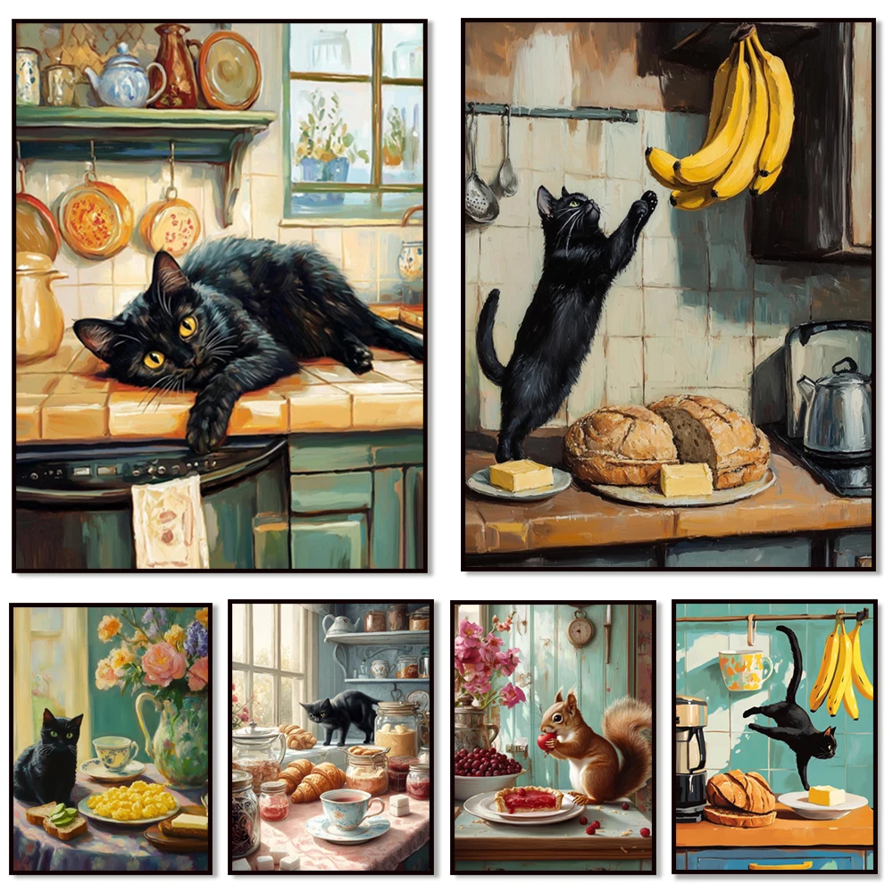 Whimsical still lifes, black cat art, squirrel and raspberry tarts, fruit bowl paintings, cozy kitchen decor posters
