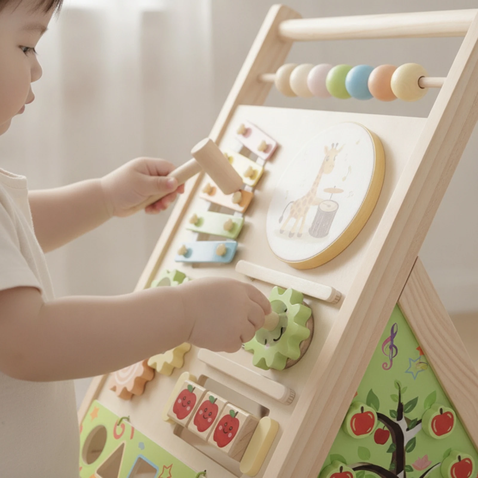 Carrinho de bebé com painel de atividades, carrinho de empurrar de madeira com funções educativas, brinquedo para o desenvolvimento infantil, resisten