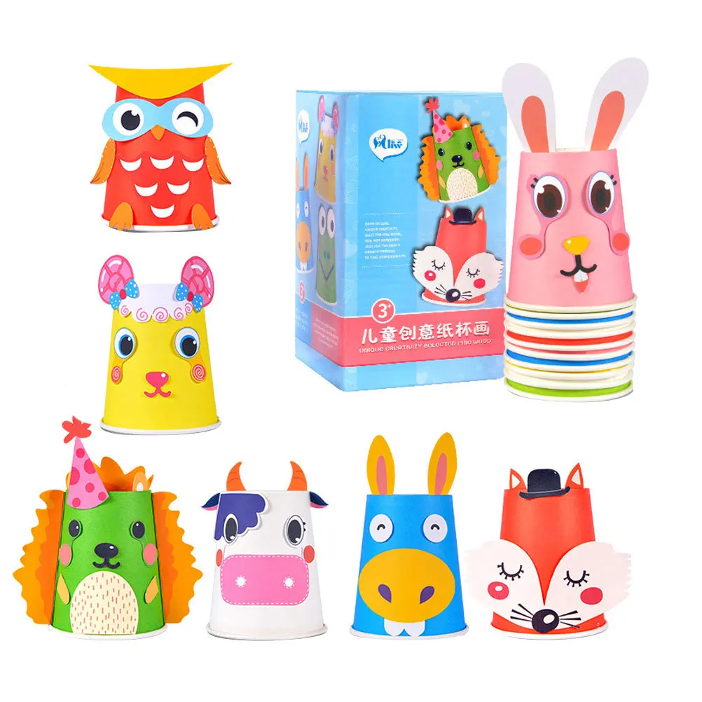 Bonito dos desenhos animados diy copo de papel arte kit 12 copos 10 cartões 1 fita dupla 1 cartão de referência durável seguro artesanato educacional