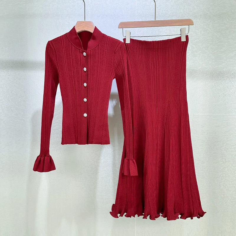 

Christmas Red New Year Single ButtonPleated Sleeve Slim Fit Knitted HalfSkirt Set Y2K High Quality Fashion Commute Open Cardigan