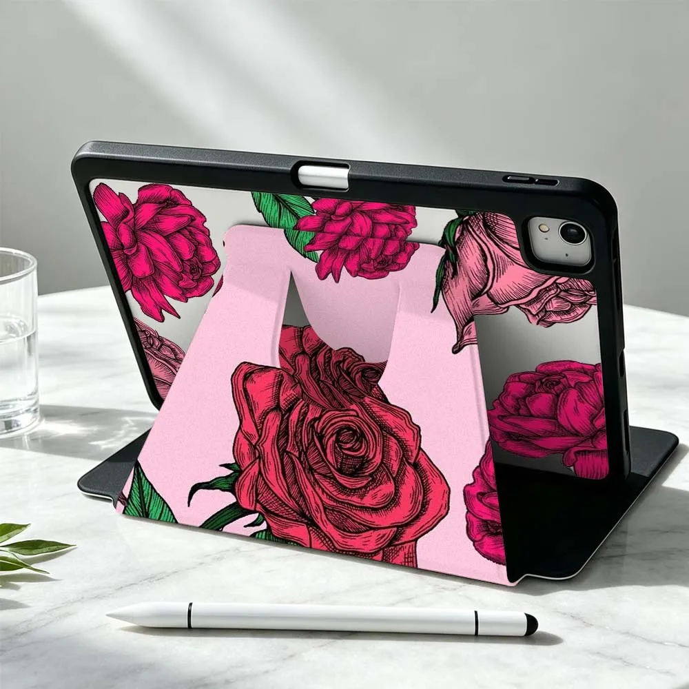 Design Rose Pattern Soft For iPad Pro Air mini 6 5 4 12th M5 M4 M3 M2 A16 A17Pro 360° Rotation Stylus Storage Tablet Case