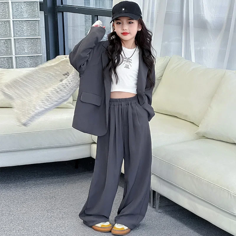 Kids Boutique Clothes Simple Stylish Premium School Teenage Girls Suit Spring Autumn 5-13 Years Blazer Trousers Two Pieces Set