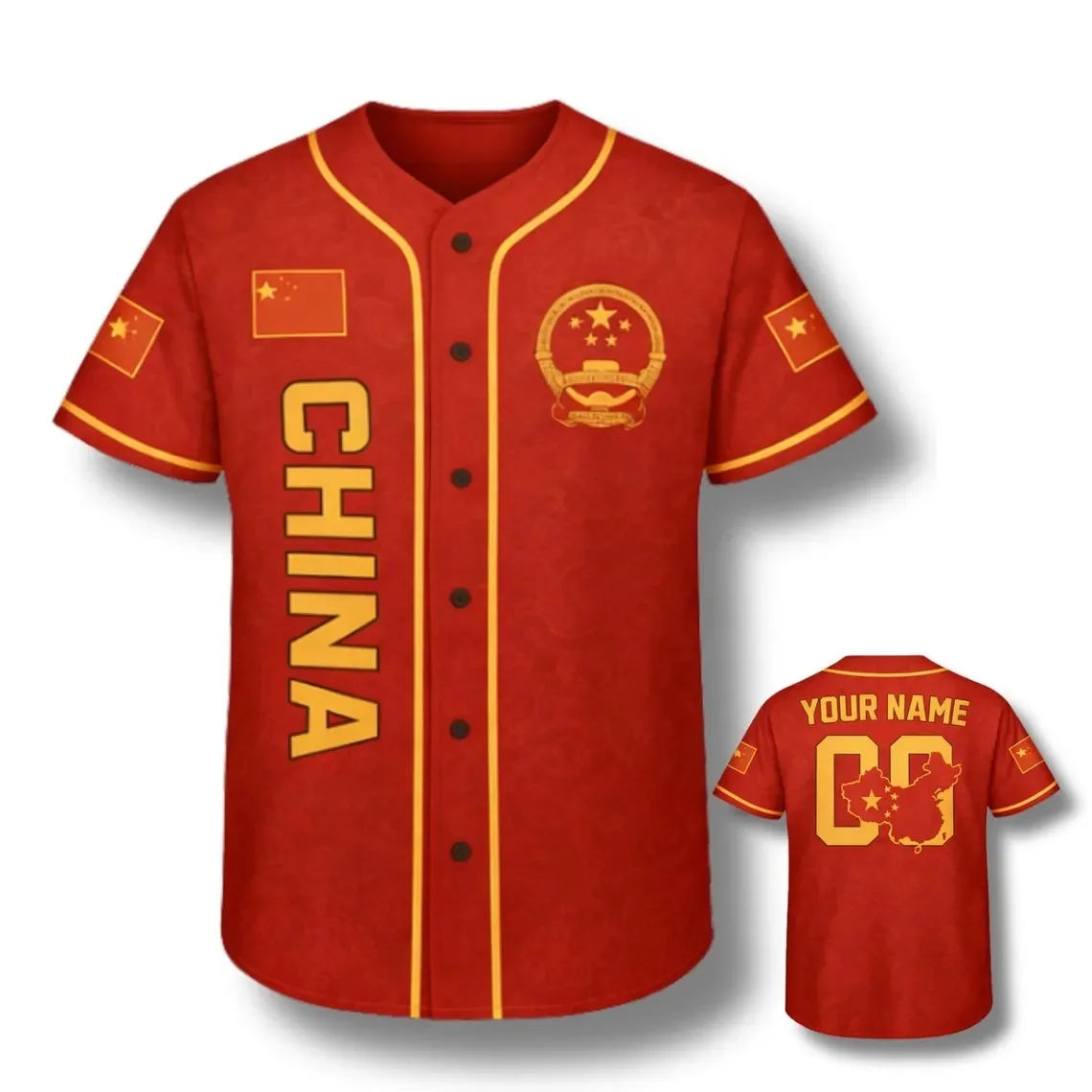Custom China Baseball Jersey – Personalized Name & Number, Red Flag Crest Map, Unisex Button Up Men For Women Shirt Casual Tops