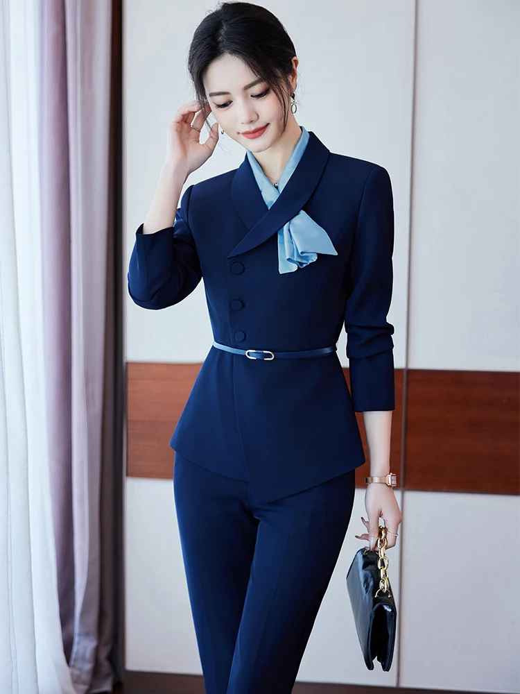 Elegant Office Ladies Pant Suit Women Black Blue Gray Female Business Work Wear Jacket Blazer and Trouser Formal 2 Piece Set