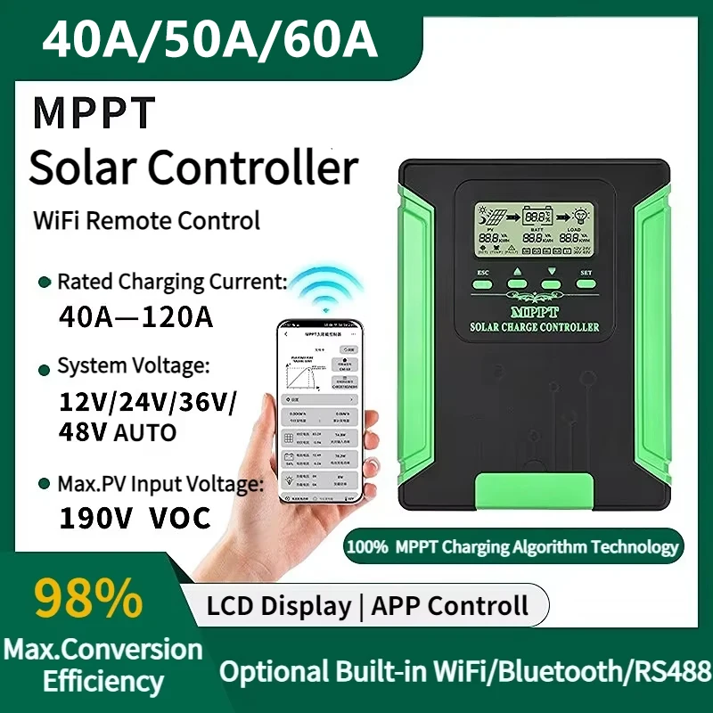 12V/24V/36V/48V WIFI MPPT Solar Charge Controller 40/50/60A Solar Panel Battery Regulator LCD USB for Lifepo4 Lead Acid Lithium