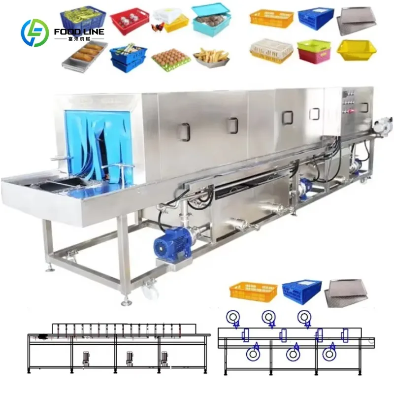 Commercial Continuous Tray Pallet Washer Dryer Tunnel 4 Stage Plastic Crates Spray Pressure Washing Drying Equipment Customized