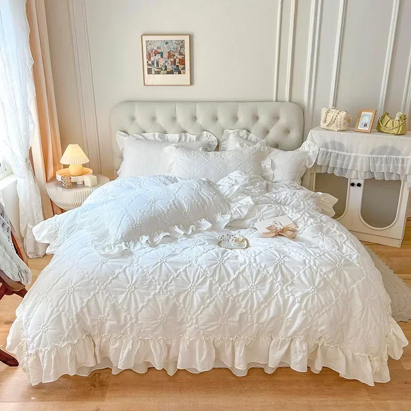 Instagram princess style quilted quilt cover with white four piece set of pure cotton washed cotton bed skirt bedding