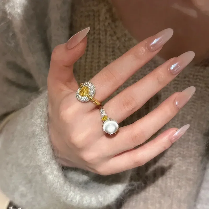Classic gentle style natural ice chalcedony rings for women light luxury silver 925 yellow crystal ring fashion wedding jewelry