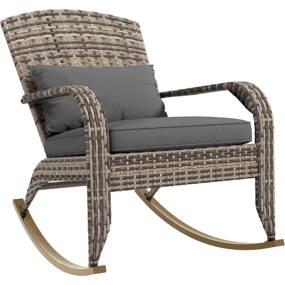 Outdoor, Patio Rattan Rocker Chair with High Back, Seat Cushion, and Pillow for Garden, Porch, Balcony