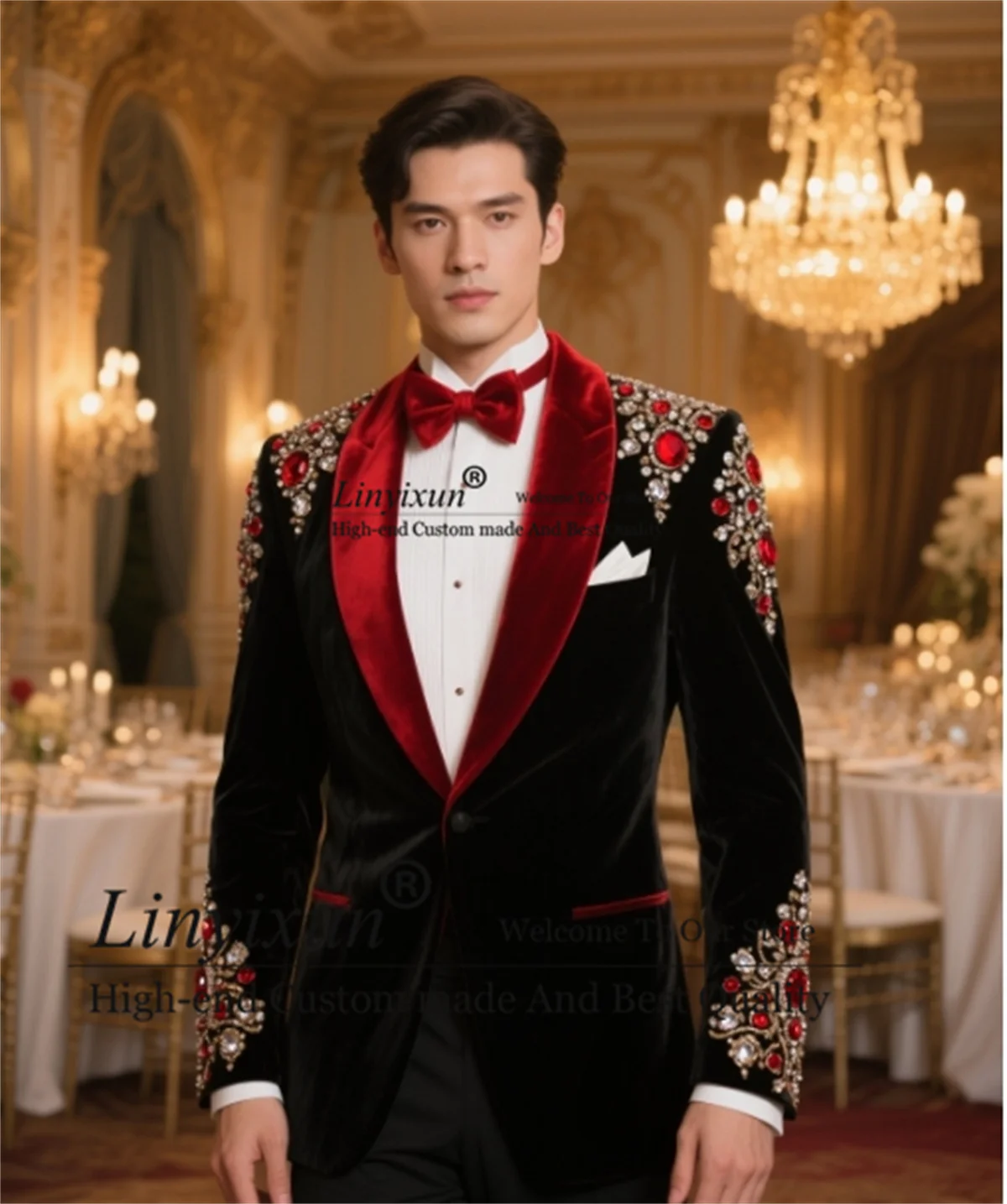 Glitter Diamond Ornament Men Suit Customized Slim Fit Wedding Tuxedos Shawl Lapel Ropa hombre 2 Pieces Sets Groom Male Blazers