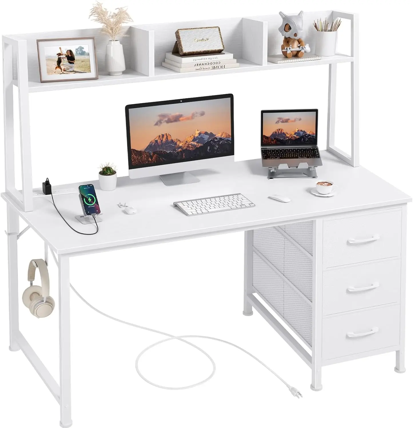 

47' White Computer Desk with Hutch & Drawers, 3 Drawer Office Desk with Power Outlets for Home Bedroom Office