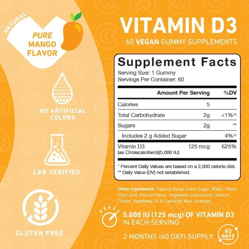 Vitamin D3 5000 IU Gummies - Bone, Immune, Joint, and Muscle Health Support -60 Vegetarian Gummies