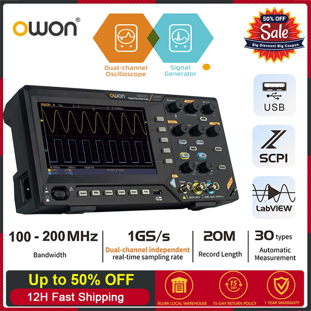 Owon Digital Oscilloscope SDS220 200Mhz 2CH 1GS/s 20M FFT+ SDS220S 25MHz 14Bit 125MSa/s Signal Generator Usb Oscilloscope