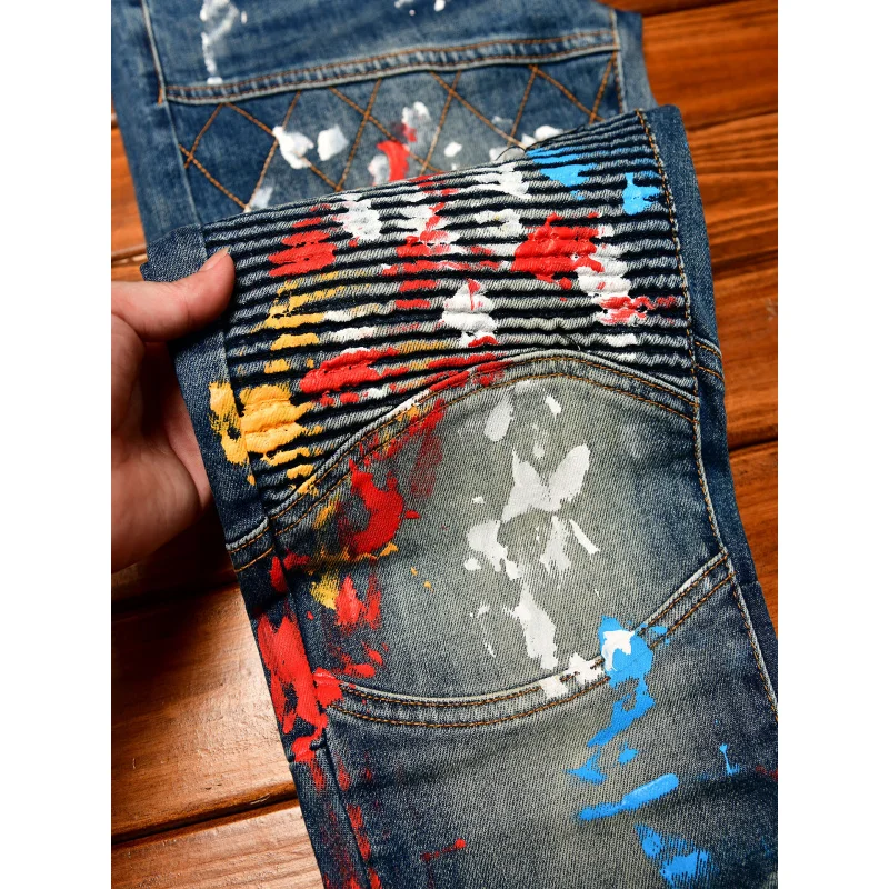 

Paint printed motorcycle jeans men's new autumn and winter small foot trend elastic retro men's pants